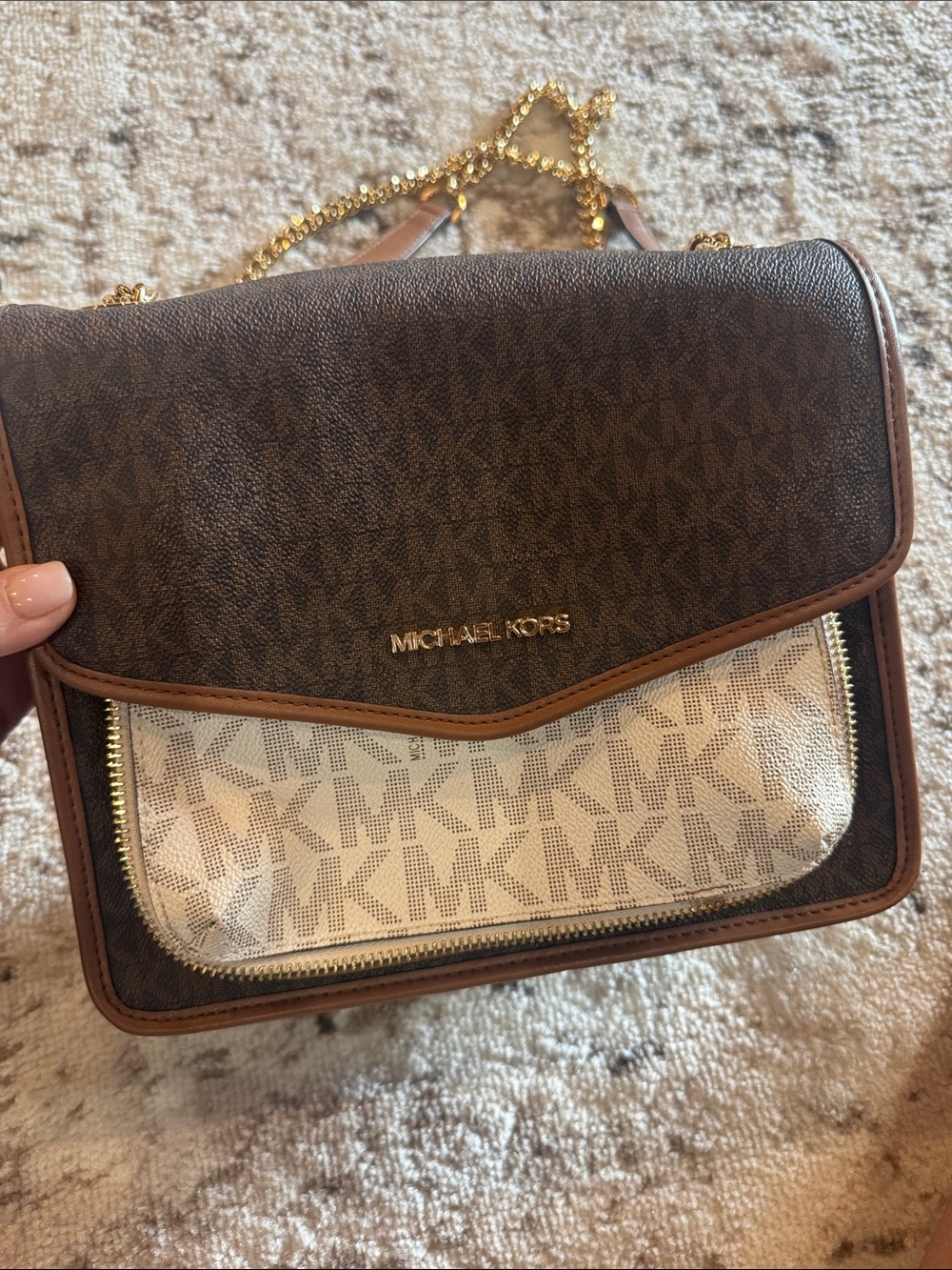 Michael Kors Brown and Cream Logo Flap Crossbody with Gold Chain